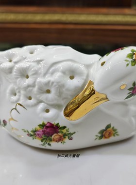 英国产Royal Albert镏金经典老镇玫瑰可爱动物瓷偶摆件镇纸中古