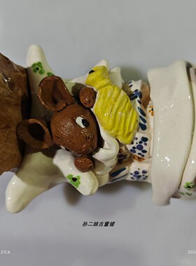 英国Studio Pottery工作室睡床小老鼠手工陶瓷小摆件趣味专题收藏