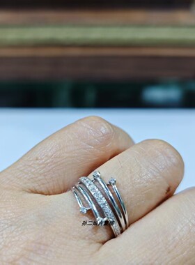 英国Vintage珠宝伯明翰产9K白金镶嵌钻石设计款戒指独特时尚中古