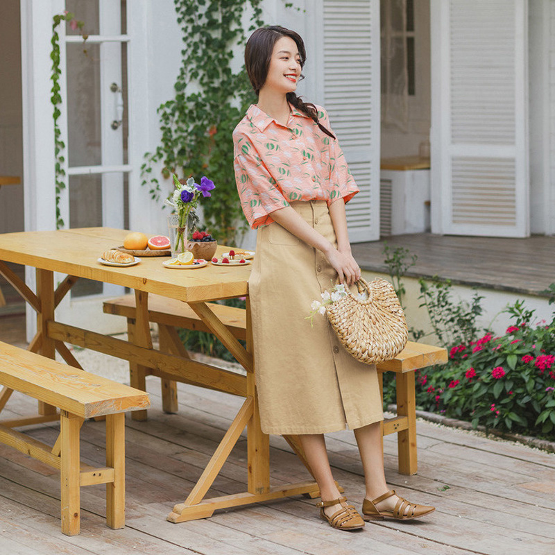 茵曼半身裙中长款女2021年夏季新款复古文棉麻艺高腰显瘦a字裙 - 图0