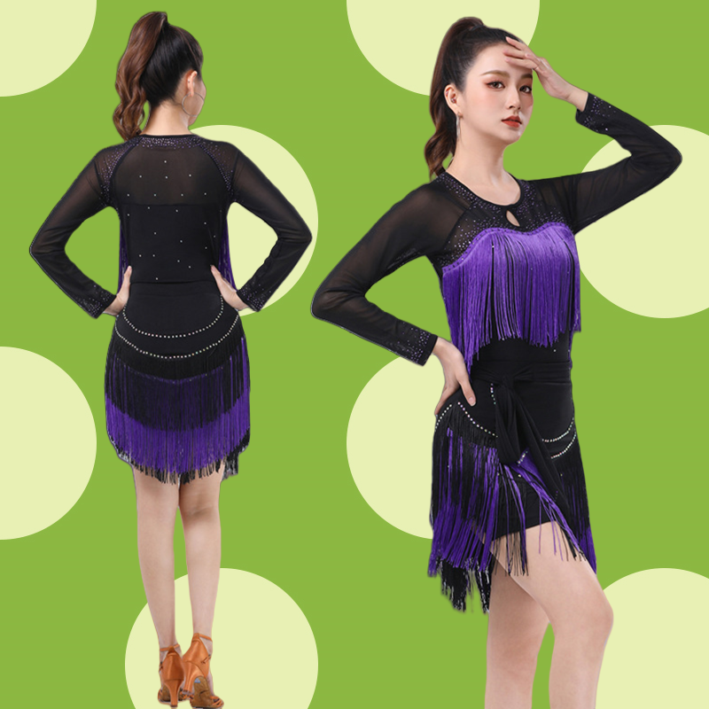 广场舞服装女2025新款流苏烫钻长袖上衣显瘦跳舞裙子摩登舞演出服,淘宝优惠券,粉丝福利购,淘宝优惠卷