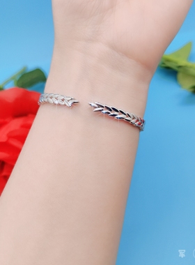 军旅通体925银实心手镯雕刻麦穗开口手链军恋情侣朋友礼物