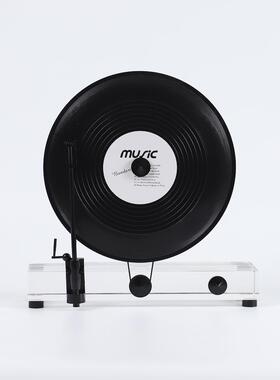 现代轻奢立式复古留声机黑胶唱片水晶创意摆件模型桌面书房样板间