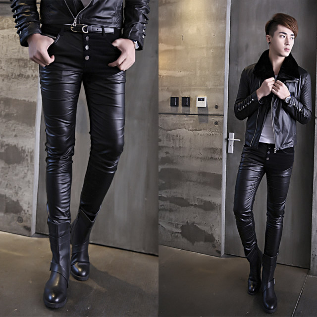 Leather pants men's slim feet stitching leather pants autumn and winter Korean version of tightness and thin velvet warming motorcycle trendy leather pants