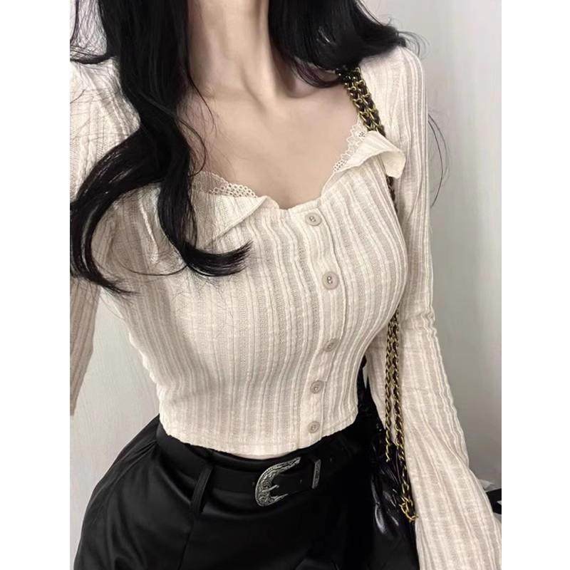 甜美日系方领蕾丝条纹开衫长袖t恤女秋季辣妹纯欲风修身短款上衣,淘宝优惠券,粉丝福利购,淘宝优惠卷