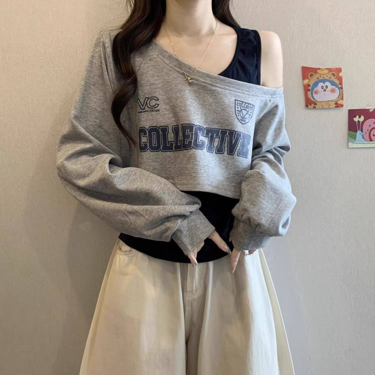 新品短款斜肩长袖T恤女套装2025秋季穿搭卫衣吊带露肩独特小上衣,淘宝优惠券,粉丝福利购,淘宝优惠卷