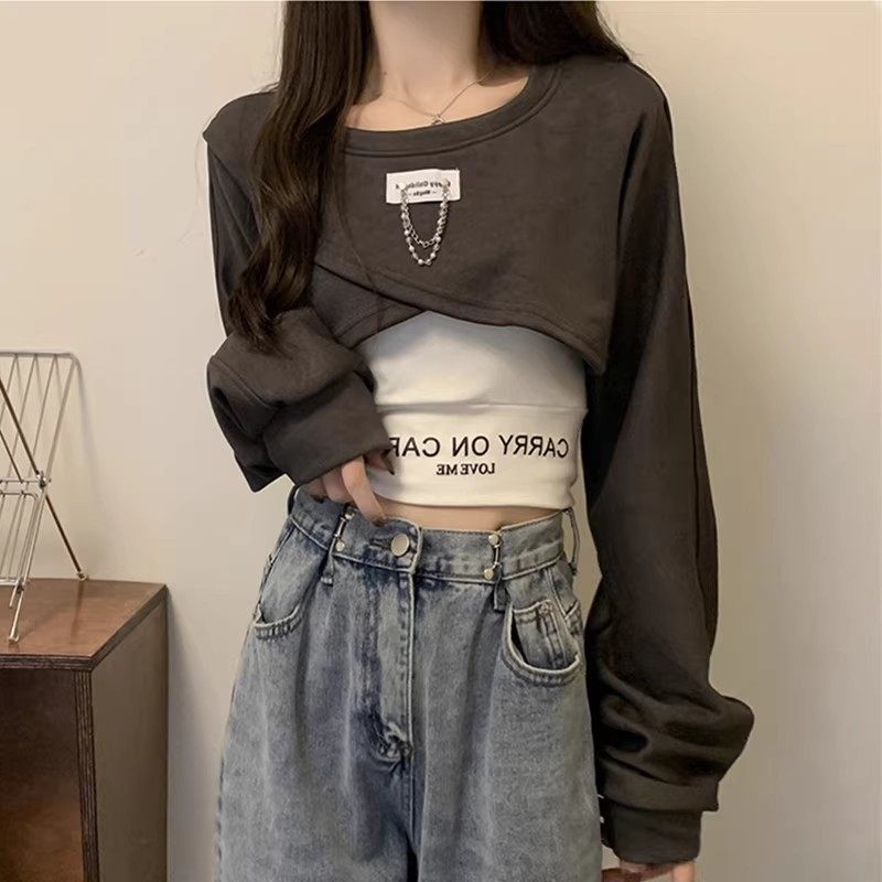 不规则短款卫衣女春秋小个子正肩美式欧货交叉长袖上衣吊带两件套,淘宝优惠券,粉丝福利购,淘宝优惠卷