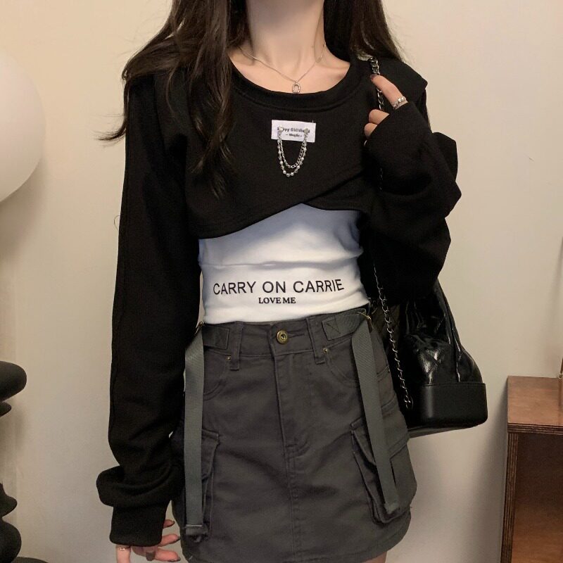 不规则短款卫衣女春秋小个子正肩美式欧货交叉长袖上衣吊带两件套,淘宝优惠券,粉丝福利购,淘宝优惠卷