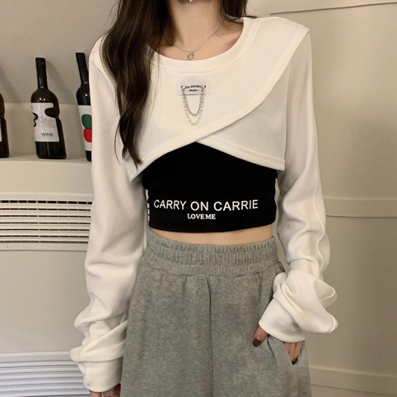 不规则短款卫衣女春秋小个子正肩美式欧货交叉长袖上衣吊带两件套,淘宝优惠券,粉丝福利购,淘宝优惠卷