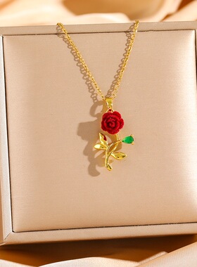 高级感红色玫瑰花项链女网红爆款轻奢气质百搭小众设计感精美项链