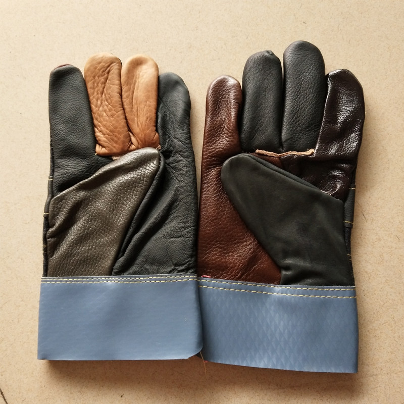 七彩电焊手套耐磨牛皮短皮焊工工作手套劳保手套加厚皮手套短款