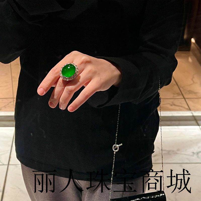 高端翡翠色戒指正阳绿小号扳指开口指环奢华气质大颗粒蛋面开口戒