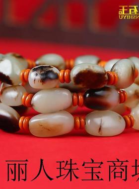 高端新疆和田玉白玉黑皮手链随形原石打磨时尚手串精选货源送礼