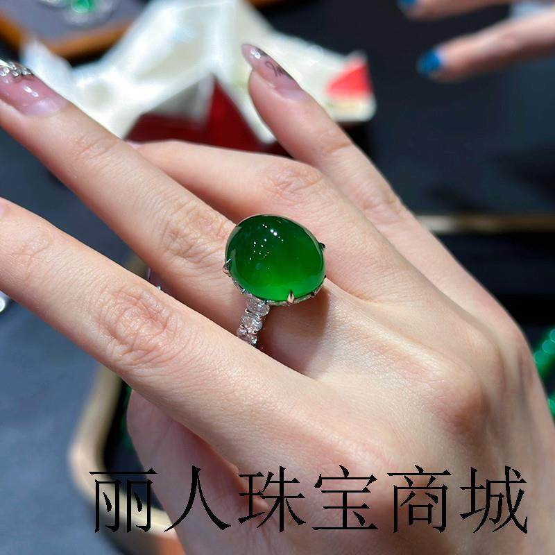 缅甸老坑翡翠色帝王绿玉戒指镶嵌款满绿活口指环时尚百搭气质女款