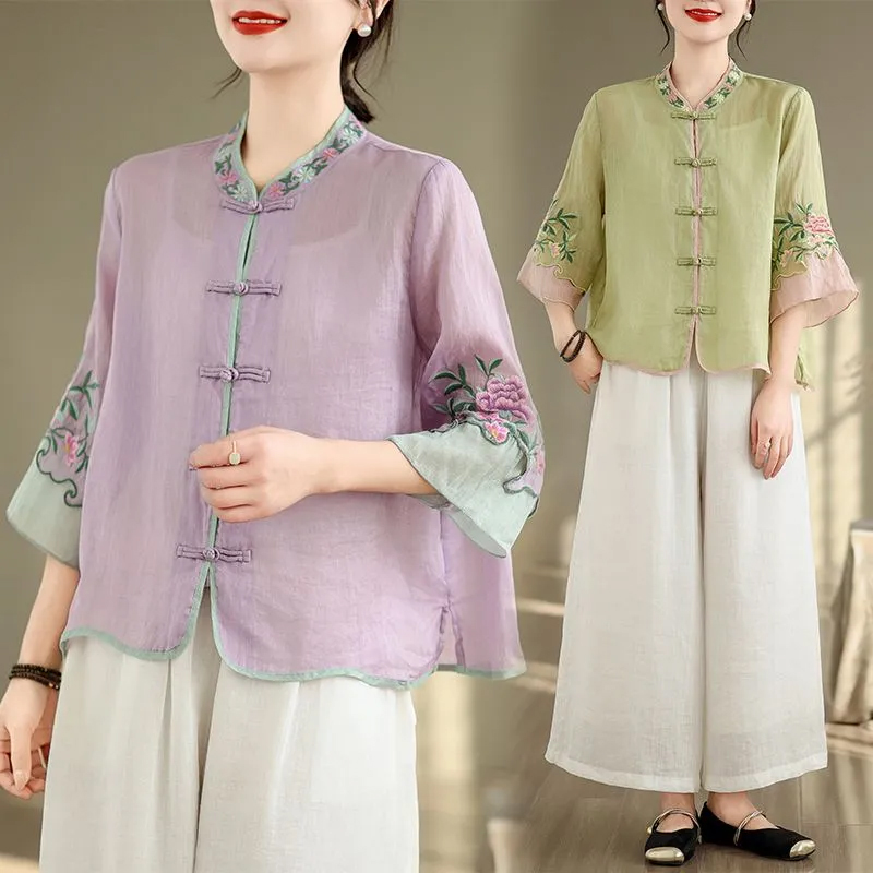 棉麻新款夏季复古民族立领刺绣衬衫女复古盘扣拼色七分袖上衣女装