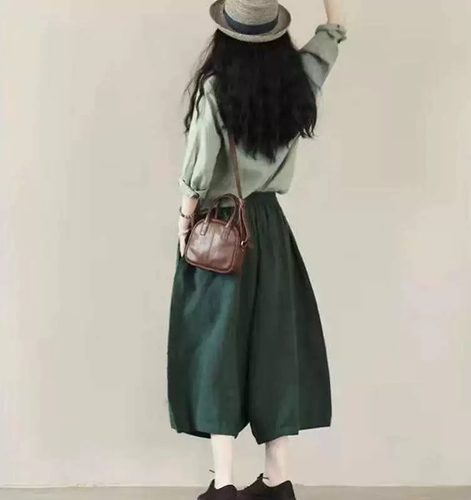 2026春季新款文艺复古女装棉麻纯色宽松休闲衬衫阔腿裤两件套套装 - 图2