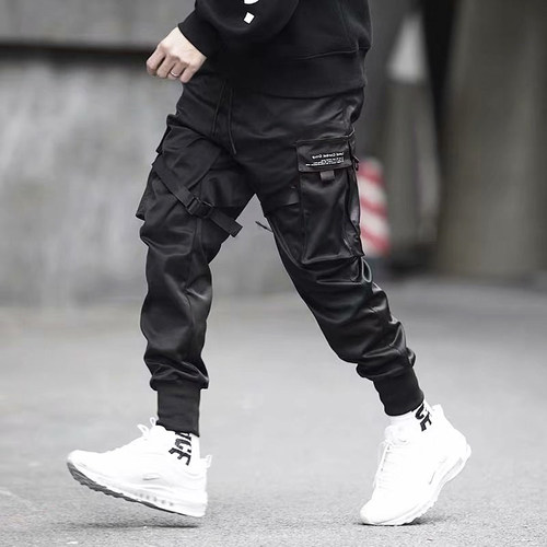 Men Block Black Pocket Cargo Pants Joggers Sweatpant Hip Hop - 图1