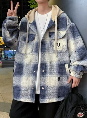 春秋季2026新款格子外套男士宽松连帽休闲夹克潮流上衣men's coat