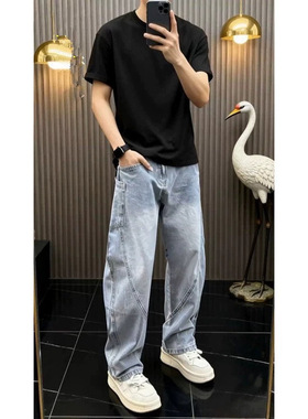 美式斜切弯刀水洗阔腿牛仔裤男款宽松直筒工装Men's Jeans pants