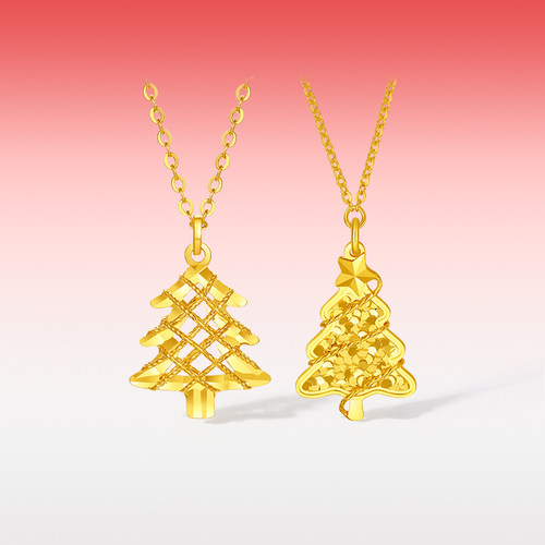 周六福黄金足金计价爆闪圣诞树链坠女款项链新年节新品新年礼物 - 图1