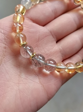 天然水晶手链女款单圈手串饰品原创黑发晶金灰月光石7到8㎜