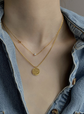 不掉色圆牌锁骨链颈链