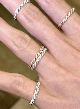 满钻麻花排钻极细素圈金银色戒指