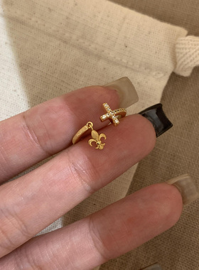 中古金色拉丝鸢尾花十字架戒指