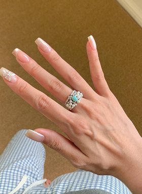 高级蓝色海纹石宽面锆石珍珠戒指