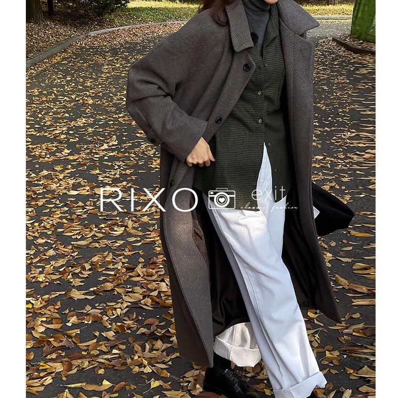 RIXO EXIT法式2023秋冬人字纹毛呢大衣高级感小个子长款外套女