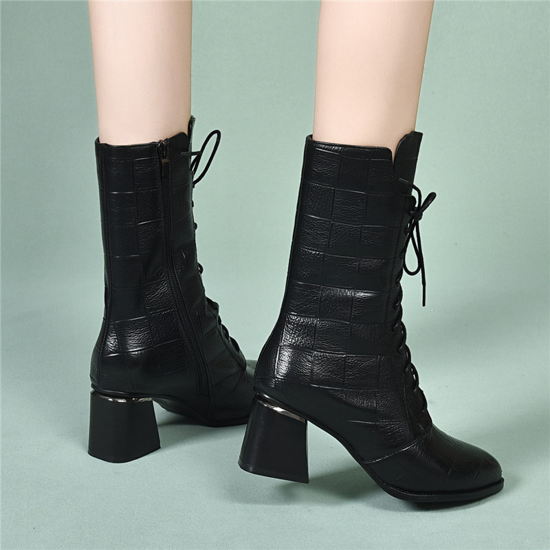 2025秋冬季新款真皮加绒短靴女中跟尖头棉鞋女粗跟马丁靴女中筒靴,淘宝优惠券,粉丝福利购,淘宝优惠卷