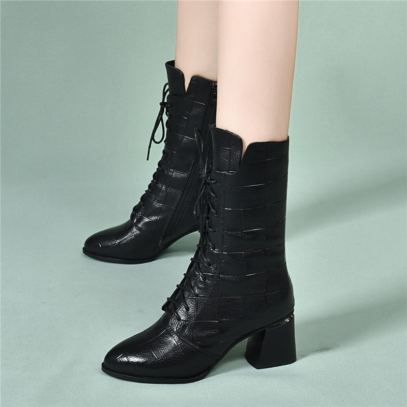 2025秋冬季新款真皮加绒短靴女中跟尖头棉鞋女粗跟马丁靴女中筒靴,淘宝优惠券,粉丝福利购,淘宝优惠卷