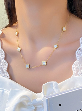 时尚双面六朵四叶草钛钢项链