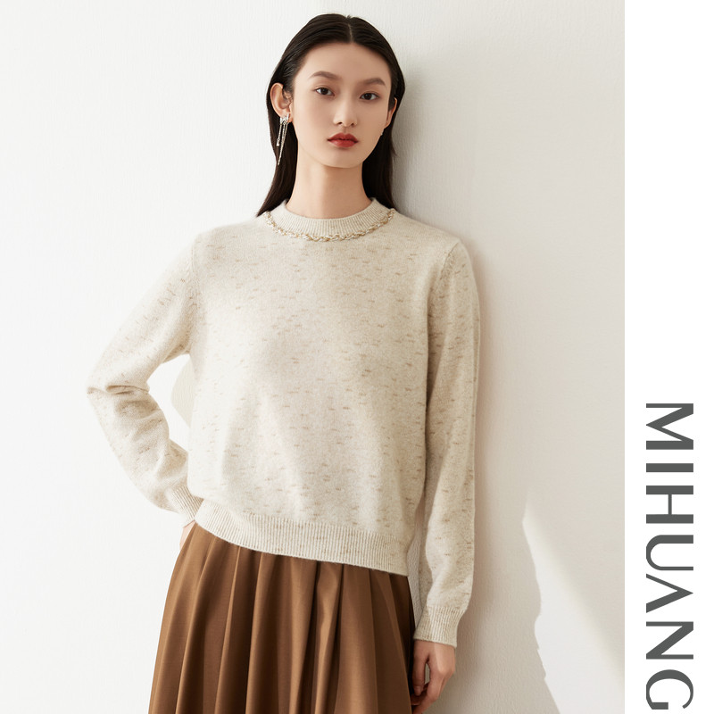 米皇2025秋冬新款圆领套头羊绒衫女韩版休闲厚款纯羊绒针织毛衣,淘宝优惠券,粉丝福利购,淘宝优惠卷