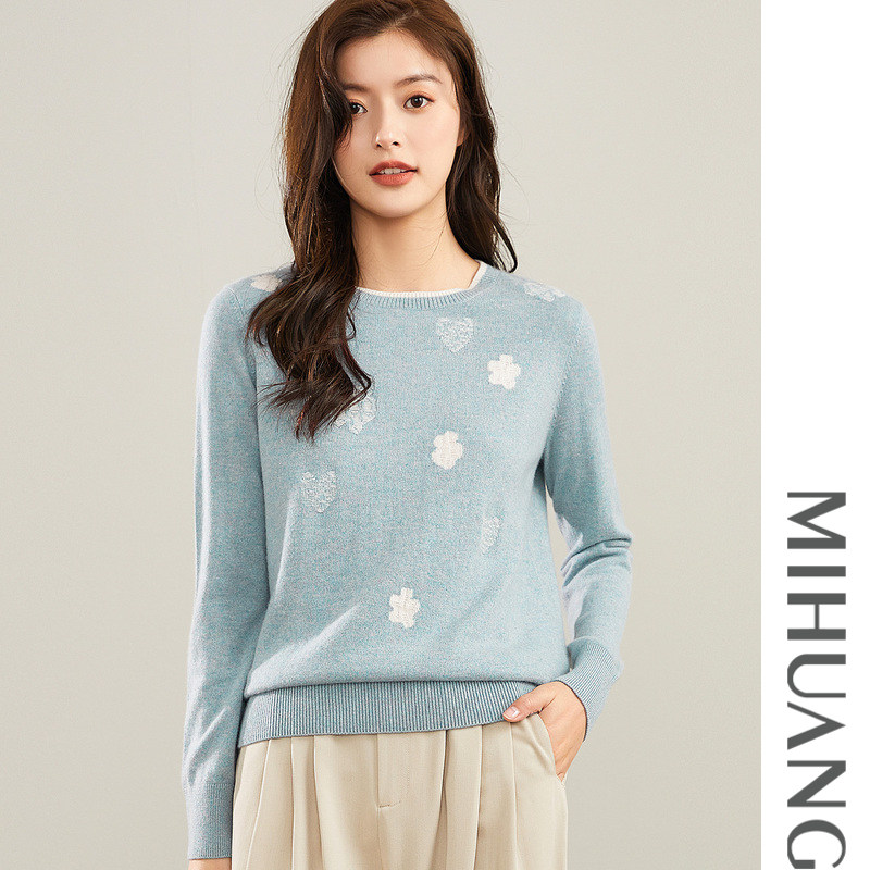 米皇秋季新款套头圆领长袖羊绒衫女休闲提花纯羊绒毛衣针织衫,淘宝优惠券,粉丝福利购,淘宝优惠卷