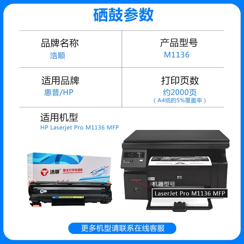 浩顺 hp惠普laserjetm1136mfp硒鼓易加粉粉盒m1136打印机墨盒1136 - 图1