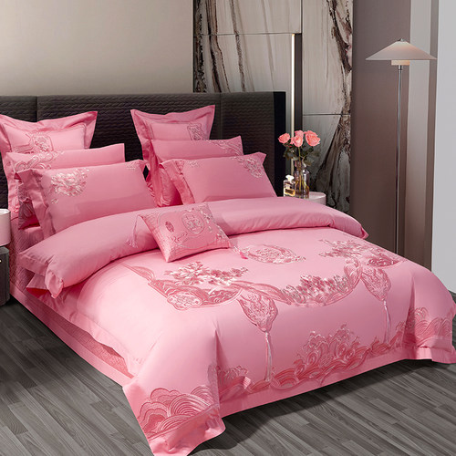 140支全棉长绒棉刺绣花粉色婚庆结婚四件套喜被床上用品六十件套 - 图0