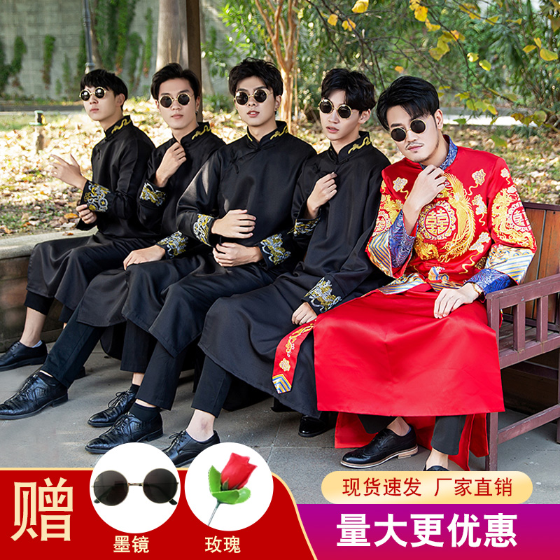 薇茨旗舰店中式婚礼伴郎伴娘服装男士长衫兄弟团礼服结婚中国风唐装大褂马褂1