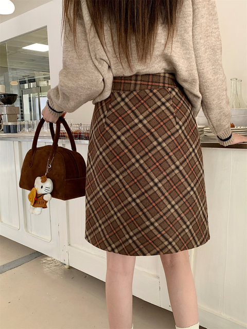 Diagonal plaid woolen midi skirt short skirt