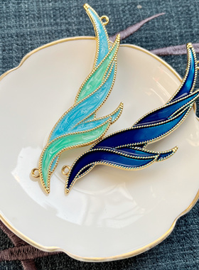 76mm 合金仿滴油烧蓝 双面羽毛片古风头饰配件材料发簪diy景泰蓝