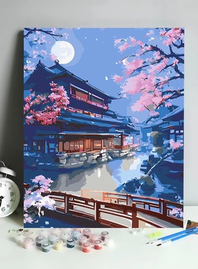 数字油画diy日落风景花束 丙烯手绘填色治愈系家居装饰挂画