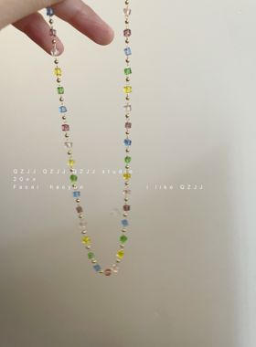 日韩撞色几何彩色方块水晶项链