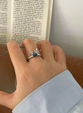 乔治姐姐/日韩蓝色月光石麋鹿戒指小众设计感食指戒开口戒ins风