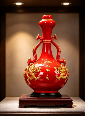 中国红陶瓷漆线雕喜庆礼品摆件