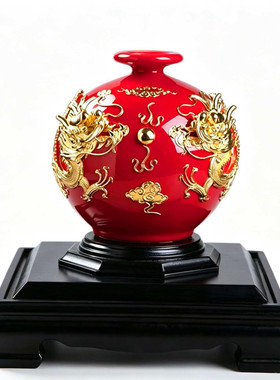 厦门漆线雕中国红瓷器花瓶天地方圆家居乔迁结婚礼品博盛陶瓷摆件
