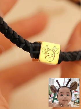 定制宝宝头像手绘简笔画手脚印刻字转运珠男女情侣手链纪念礼物