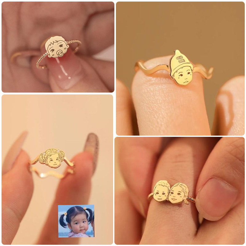 Customized baby portrait ring, parent-child male and female photos, hand-painted private baby sterling silver ring customization