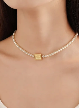 铜合金可抽拉珍珠项链春夏方牌吊坠时尚百搭轻奢锁骨链精致choker
