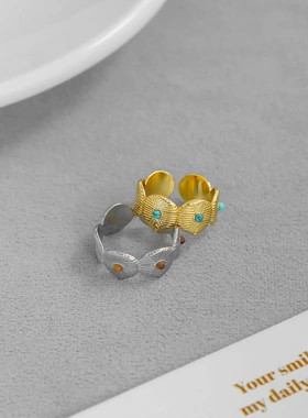 WEN*家部落图腾金币戒指 小众设计感复古简约气质绿松石开口戒指