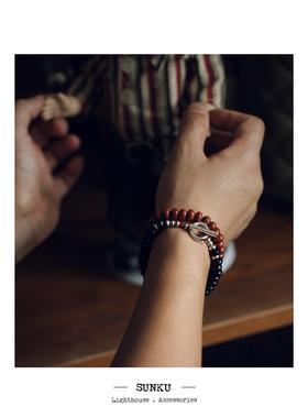 Sunku O/T型925银扣 现代审美 8毫米大珠形黑玛瑙绿松石 男女手链